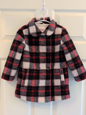 Joe Fresh Pink, Black & White Plaid Double-Breasted Kids Pea Coat 2T